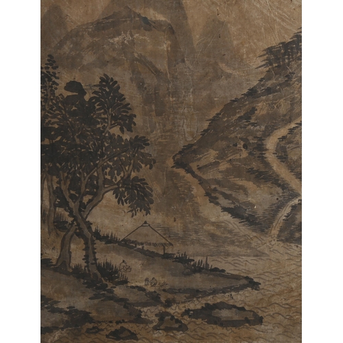 2085 - 19th century Japanese watercolour on paper, mountain landscape with inscription, in silk border, ove... 