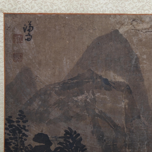 2085 - 19th century Japanese watercolour on paper, mountain landscape with inscription, in silk border, ove... 