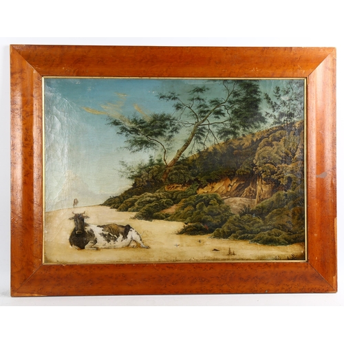 2087 - 20th century South American School, possibly Mexico, oil on canvas, cow and hummingbirds on sandy be... 