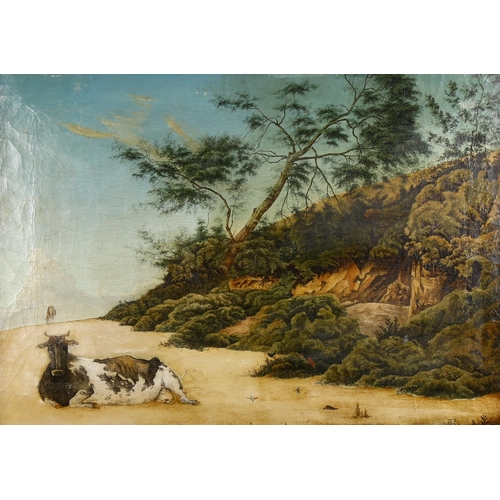 2087 - 20th century South American School, possibly Mexico, oil on canvas, cow and hummingbirds on sandy be... 