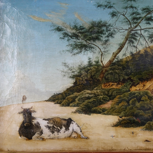 2087 - 20th century South American School, possibly Mexico, oil on canvas, cow and hummingbirds on sandy be... 