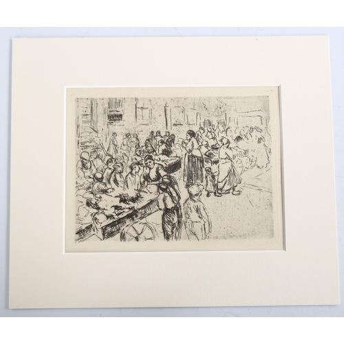 2090 - Max Liebermann, etching, market scene, published circa 1920s, image 14cm x 19cm, mounted