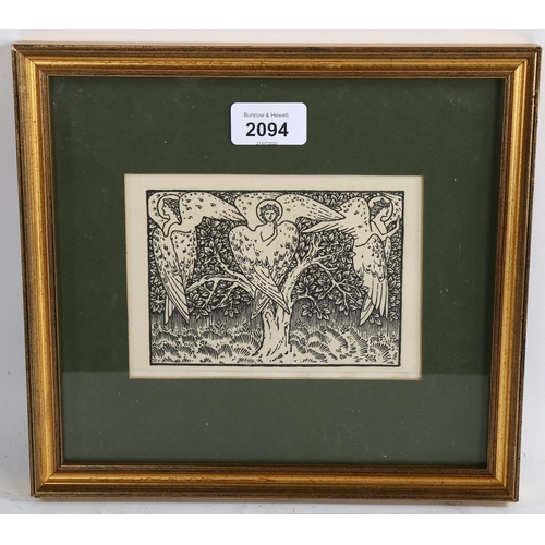 2094 - Edward Burne Jones, wood engraving, study of angels, circa 1902, image 9cm x 13cm, framed