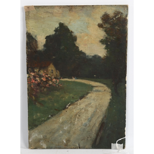 2095 - Cornish School, oil on board, circa 1900, post-impressionist landscape with garden scene verso, indi... 