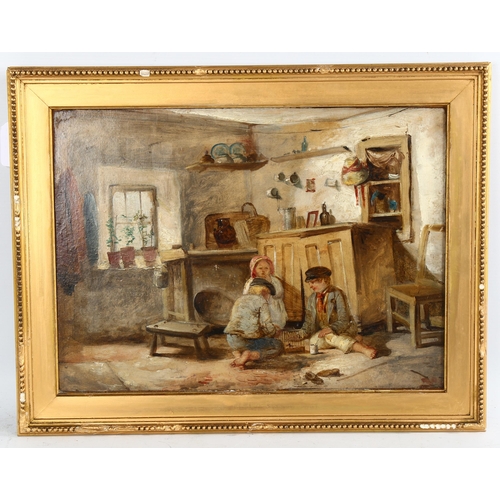 2098 - 19th century British School oil on panel, children with a bird cage in the kitchen, unsigned, 27cm x... 