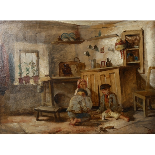 2098 - 19th century British School oil on panel, children with a bird cage in the kitchen, unsigned, 27cm x... 