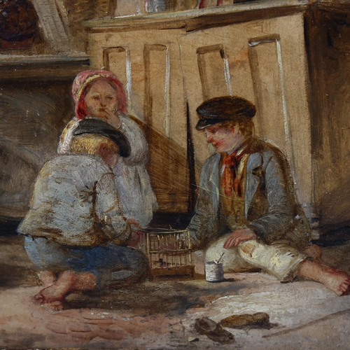 2098 - 19th century British School oil on panel, children with a bird cage in the kitchen, unsigned, 27cm x... 