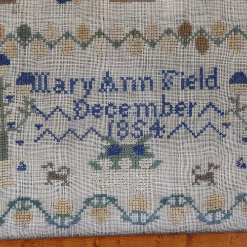 1062 - Mid-19th century needlework sampler, by Mary Ann Field, dated December 1854, original maple frame, o... 