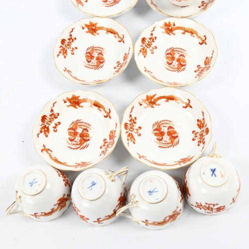 1065 - A set of 5 Meissen white glaze porcelain coffee cups and saucers, with red and gilt dragon designs