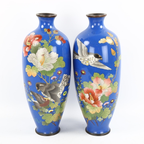 1067 - A pair of Japanese cloisonne enamel vases, circa 1900, highly detailed birds of prey and flowers, he... 