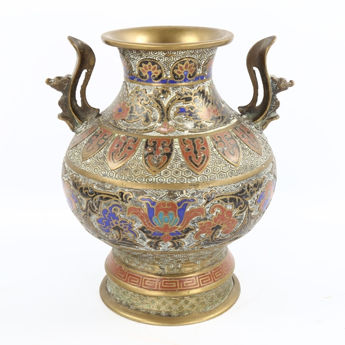 1068 - A Chinese bronze and enamel 2-handled vase, with relief moulded decoration, height 25cm