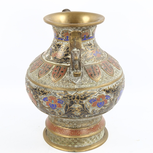 1068 - A Chinese bronze and enamel 2-handled vase, with relief moulded decoration, height 25cm