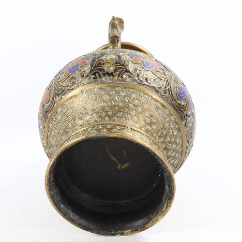 1068 - A Chinese bronze and enamel 2-handled vase, with relief moulded decoration, height 25cm