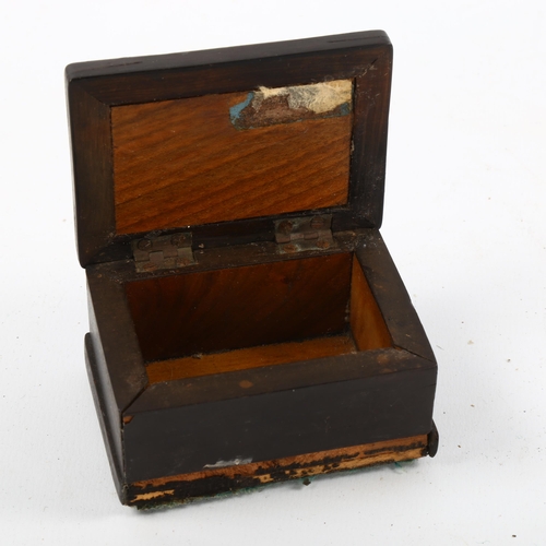 1076 - 19th century ebony matchbox with Pietra Dura hardstone inlaid match design lid, length 7cm