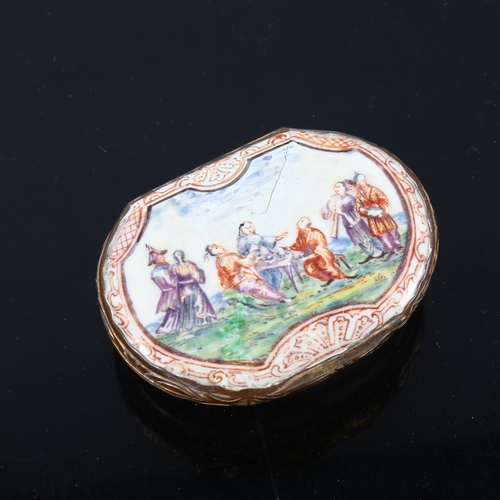 1077 - An 18th century oval porcelain snuffbox, circa 1750, the lid decorated with an Oriental scene, origi... 