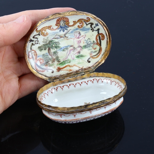 1077 - An 18th century oval porcelain snuffbox, circa 1750, the lid decorated with an Oriental scene, origi... 