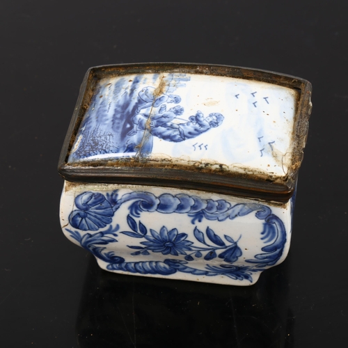 1079 - 18th century Delft pottery box, with pewter mount, length 7cm, height 6cm, A/F