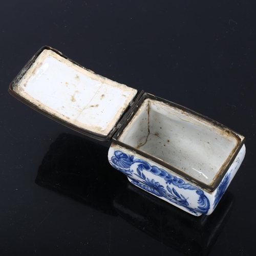 1079 - 18th century Delft pottery box, with pewter mount, length 7cm, height 6cm, A/F