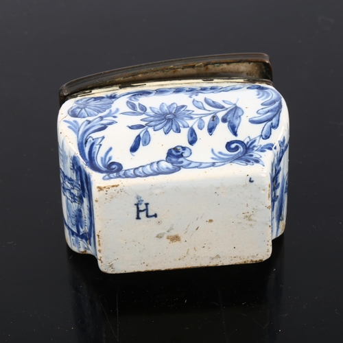 1079 - 18th century Delft pottery box, with pewter mount, length 7cm, height 6cm, A/F