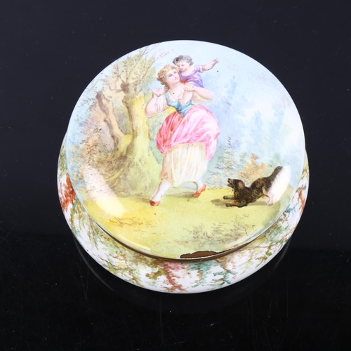 1080 - A 19th century French enamel on metal powder box, hand painted lid depicting a woman with child and ... 