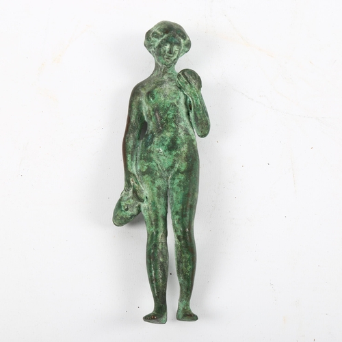 1081 - Roman style verdigris bronze figure of standing woman holding a wine ewer, height 17cm