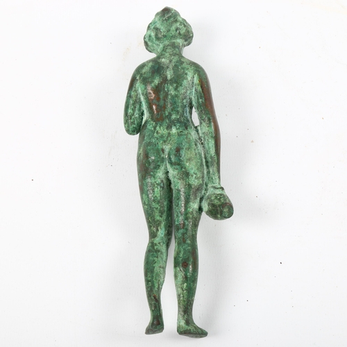 1081 - Roman style verdigris bronze figure of standing woman holding a wine ewer, height 17cm