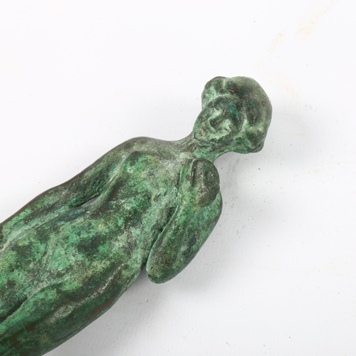 1081 - Roman style verdigris bronze figure of standing woman holding a wine ewer, height 17cm