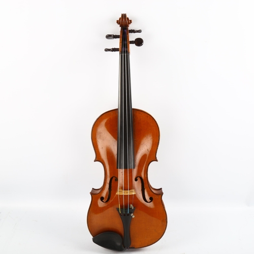 1083 - A violin with satinwood 2-piece back, back length 356mm, with bow, in Hill case