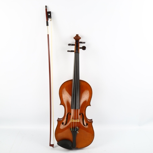 1083 - A violin with satinwood 2-piece back, back length 356mm, with bow, in Hill case