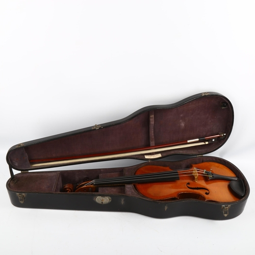 1083 - A violin with satinwood 2-piece back, back length 356mm, with bow, in Hill case