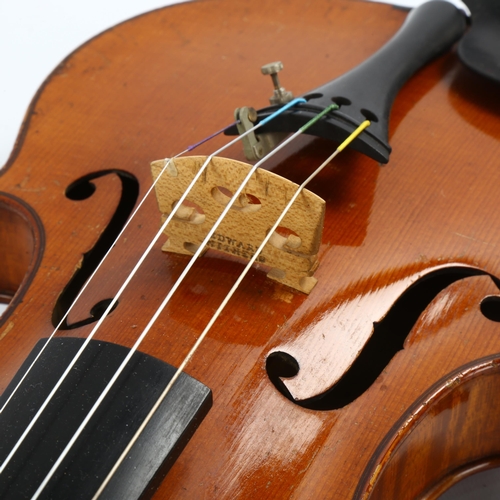 1083 - A violin with satinwood 2-piece back, back length 356mm, with bow, in Hill case