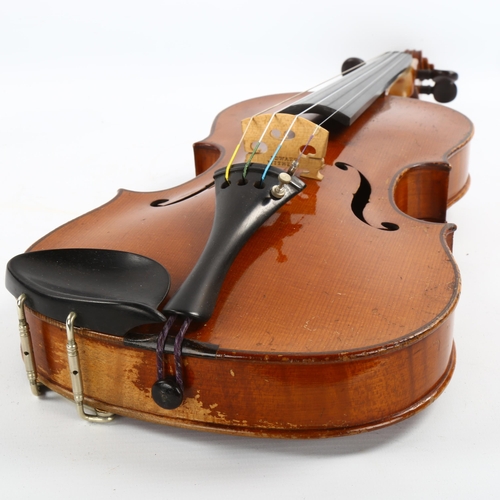 1083 - A violin with satinwood 2-piece back, back length 356mm, with bow, in Hill case