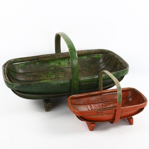 1086 - 2 Vintage painted wood Sussex trugs, length 46cm and 26cm (2)