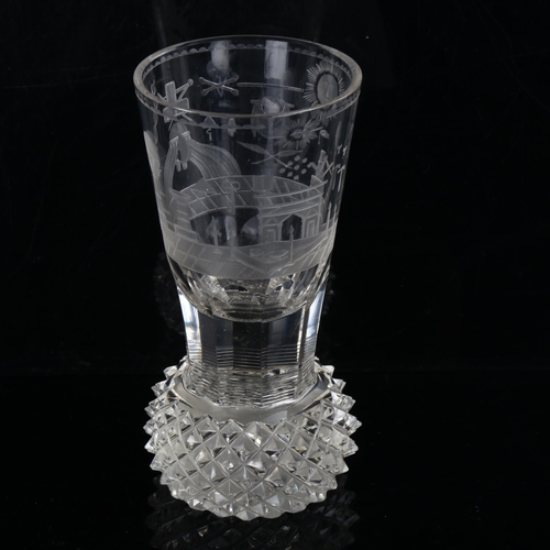 1116 - A 19th century Masonic thistle-shaped glass, with wheel-cut Masonic symbols on heavy diamond-cut bas... 