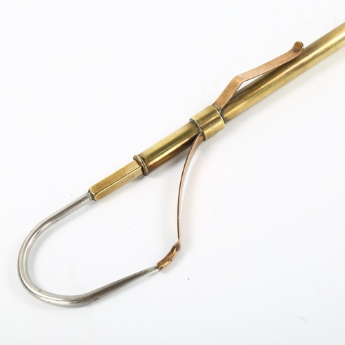 1127 - A fishing gaff, brass and nickel with turned wood handle, early 20th century, length 60cm