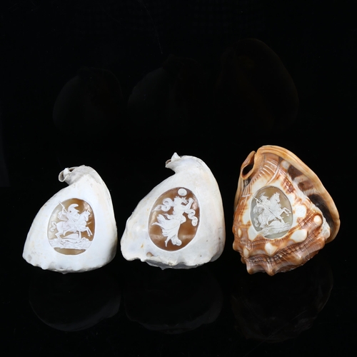 1163 - 3 early 19th century conch shells with relief carved Classical cameo panels, largest length 15cm