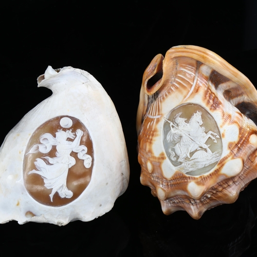 1163 - 3 early 19th century conch shells with relief carved Classical cameo panels, largest length 15cm