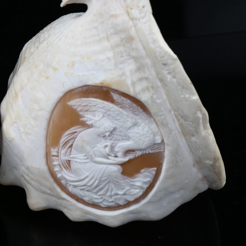 1164 - 3 early 19th century conch shells with relief carved Classical cameo panels, largest length 15cm