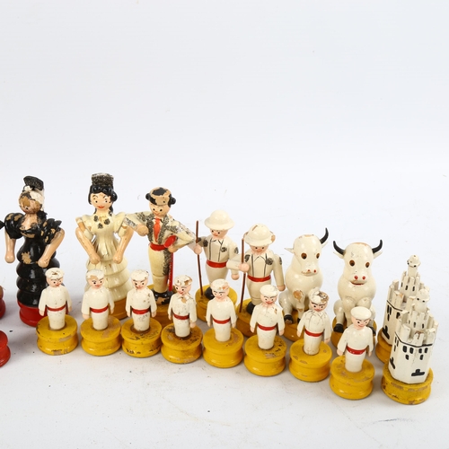 1165 - A carved and painted wood chess set, circa 1930s, King height 9cm