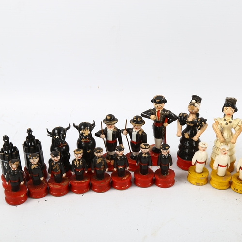 1165 - A carved and painted wood chess set, circa 1930s, King height 9cm