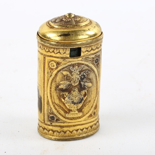 1172 - Mexican 18th/19th century unmarked yellow metal cheroot case, with emerald thumbpiece and relief dec... 