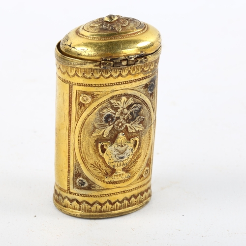 1172 - Mexican 18th/19th century unmarked yellow metal cheroot case, with emerald thumbpiece and relief dec... 