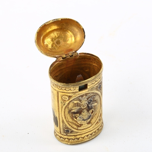 1172 - Mexican 18th/19th century unmarked yellow metal cheroot case, with emerald thumbpiece and relief dec... 