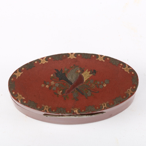 1173 - 18th century oval lacquer box, with inlaid silver gold and tortoiseshell decoration, length 9.5cm, t... 