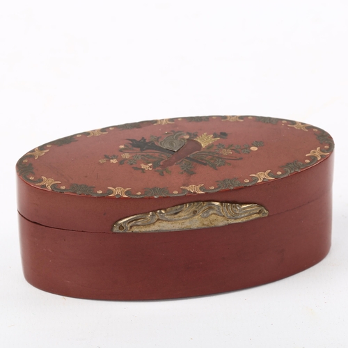 1173 - 18th century oval lacquer box, with inlaid silver gold and tortoiseshell decoration, length 9.5cm, t... 