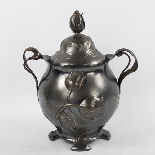 1192 - WMF Art Nouveau pewter 2-handled jar and cover, with relief moulded trailing flowers, height 22cm