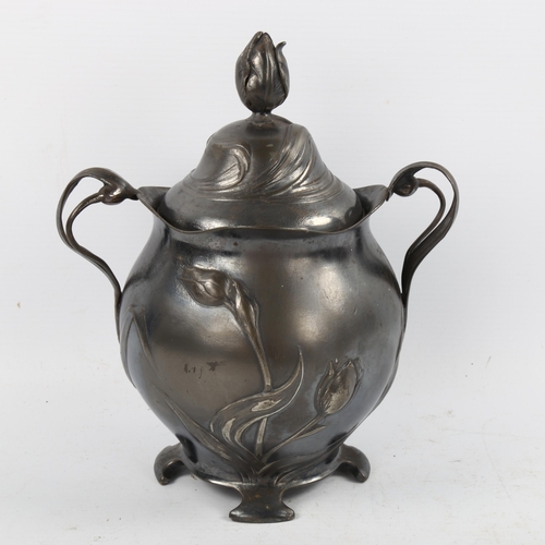 1192 - WMF Art Nouveau pewter 2-handled jar and cover, with relief moulded trailing flowers, height 22cm