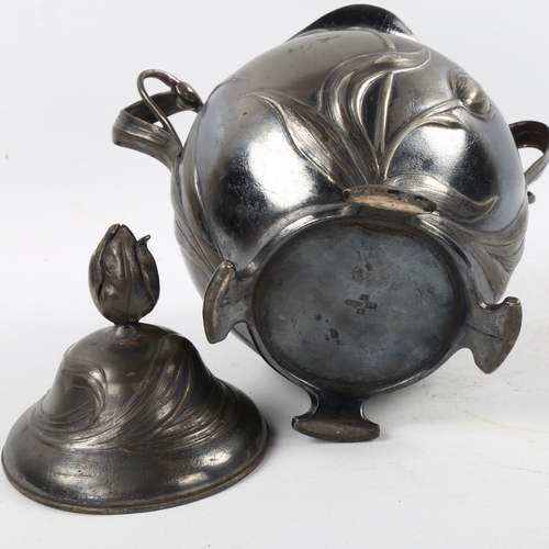 1192 - WMF Art Nouveau pewter 2-handled jar and cover, with relief moulded trailing flowers, height 22cm