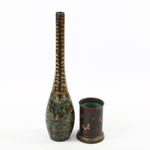 1205 - A Japanese cloisonne enamel narrow-necked vase, height 27cm, and a similar enamel spill holder, heig... 