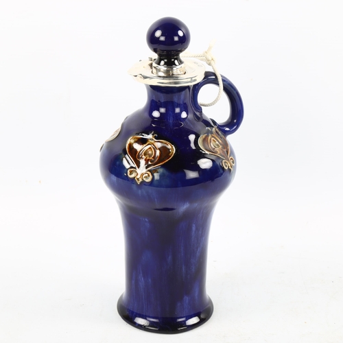 1206 - Royal Doulton stoneware Whisky flagon with rare silver locking rim, hallmarks London 1902, original ... 